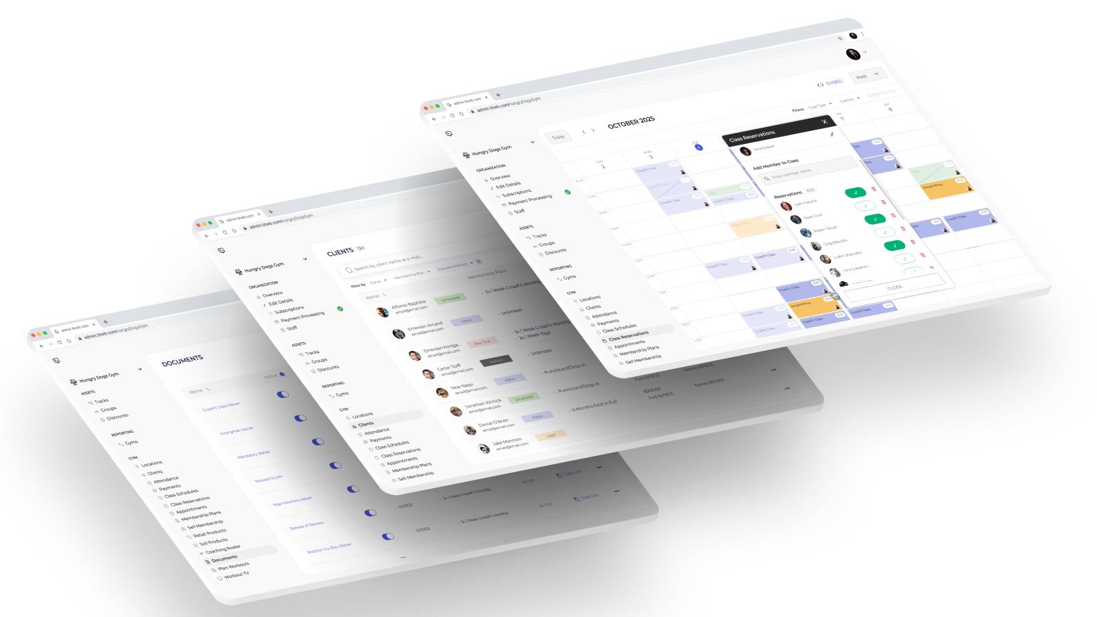 Admin dashboard UI showing core operations for Gym Management