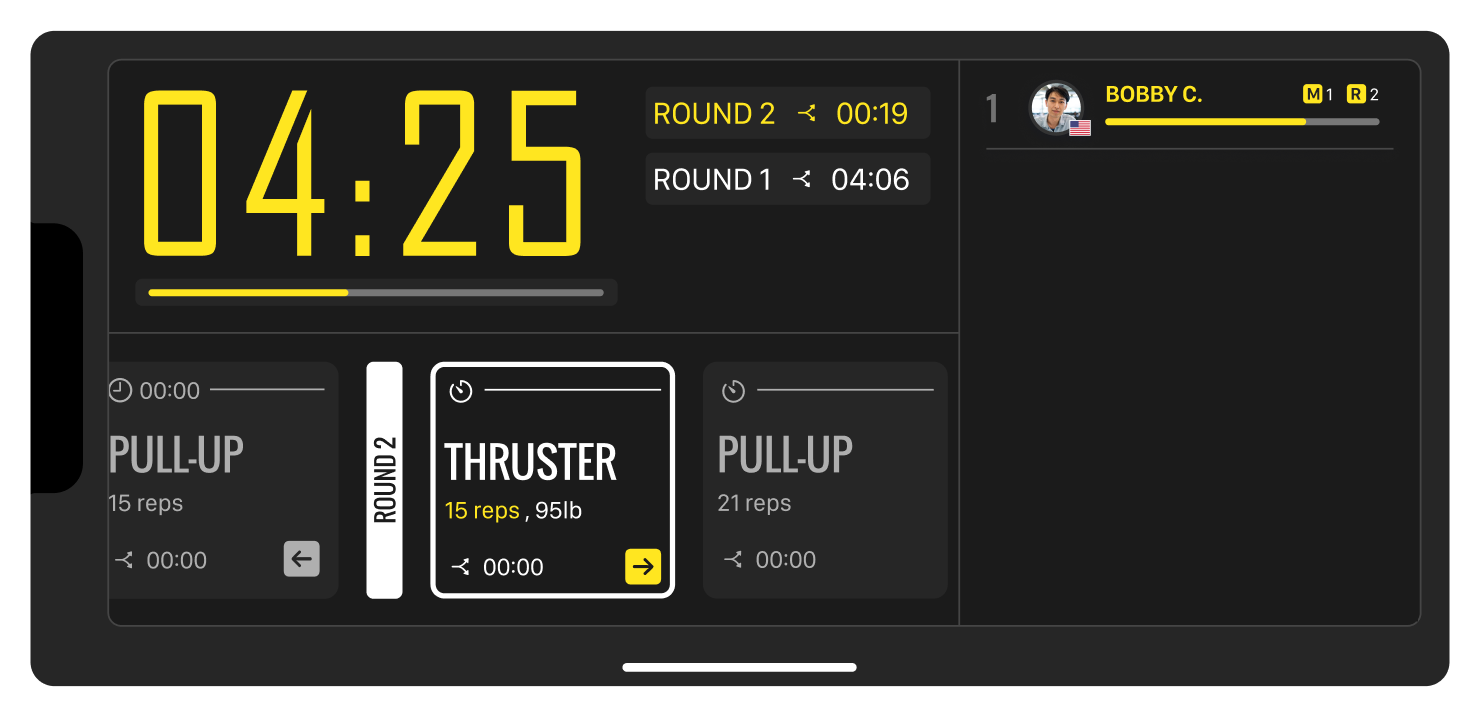 Tempus mobile timer during an active workout — countdown, movement tracking, and splits