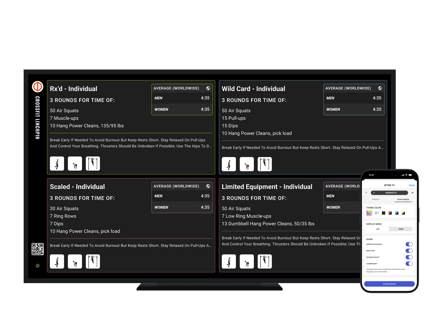 BTWB Workout TV displaying workouts and real-time class data on in-gym screens